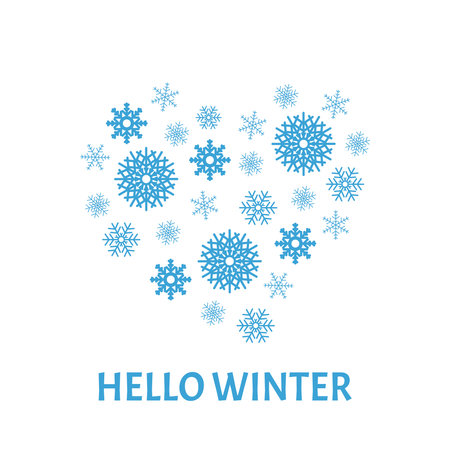 Hello winter, winter greeting, heart made from snowflakes on a white background.のイラスト素材