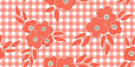 Seamless pattern with red flowers on a checkered backgroundのイラスト素材