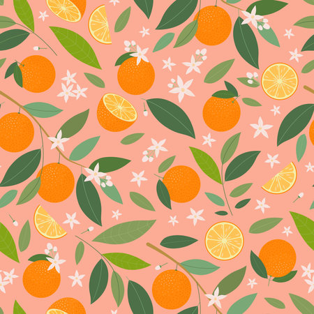 Citrus seamless pattern with oranges and leaves. vector illustration.のイラスト素材