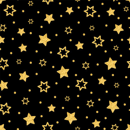 Seamless pattern with gold glittering stars on black background.のイラスト素材