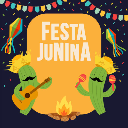 Cacti in hats sing and play the guitar and maracas by the fire.のイラスト素材