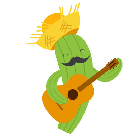 Cactus with hat and guitar. Vector illustration in flat style.のイラスト素材
