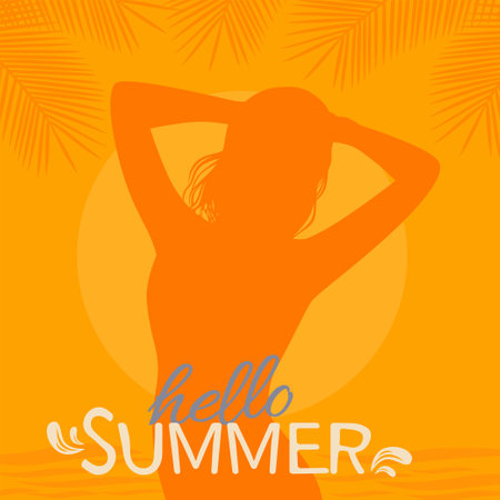 Hello Summer lettering with silhouette of a woman on the beach. vector illustrationのイラスト素材