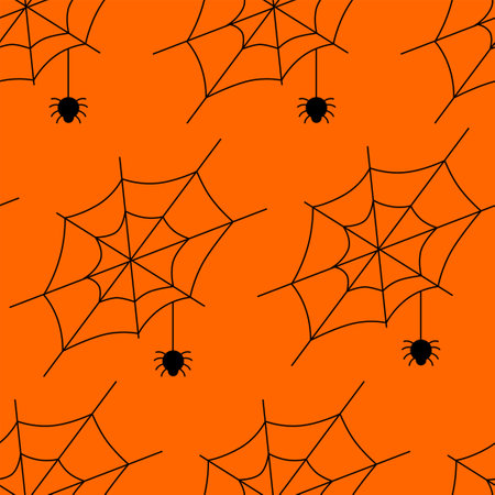 Seamless pattern cobweb with spiders on an orange background. Festive Halloween vector.のイラスト素材