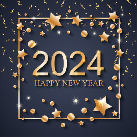 Happy New Year 2024 greeting card text, with golden stars.のイラスト素材