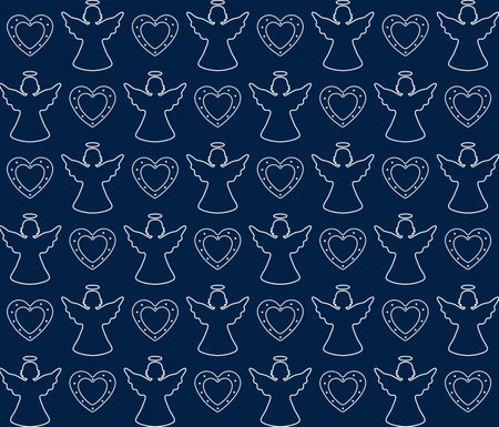 Angels and hearts on a blue background, seamless vector illustration.のイラスト素材