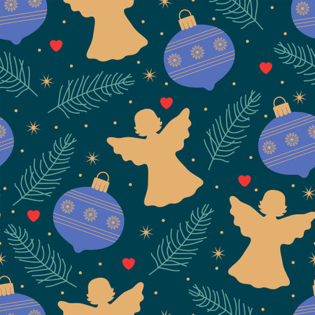 Angels and hearts, Christmas tree and Christmas balls, snowflakes and stars on a blue background. Winter vector illustration for your wrapping paper, textile design.のイラスト素材