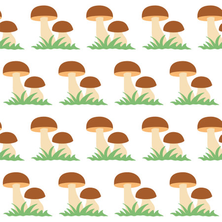 Seamless pattern of mushrooms with green grass on a white background, autumn vector illustration.のイラスト素材