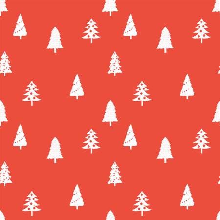 Seamless pattern with Christmas trees on a red background. Vector illustration.のイラスト素材