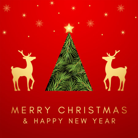 Merry Christmas and Happy New Year greeting card with Christmas tree, deer and snowflakes. Vector illustration.のイラスト素材