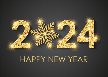 Happy New Year 2024. Postcard with a golden snowflake. Vector illustration.のイラスト素材