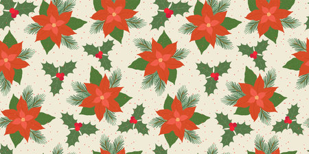 Poinsettia and holly berries vector seamless illustration. Christmas traditional plants. Vector winter illustration.のイラスト素材
