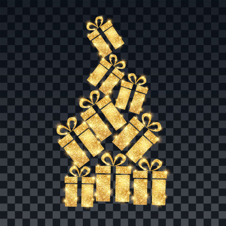Gold gift boxes on a transparent dark background. Winter vector illustration.のイラスト素材