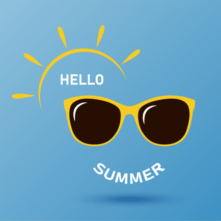 Hello summer, fashionable yellow sunglasses on blue background, summer sun, vector illustration.のイラスト素材