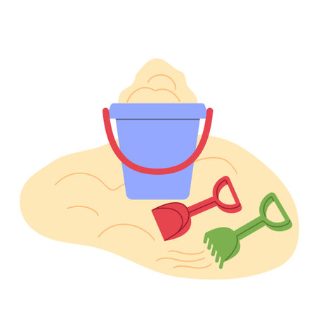 Sand in a blue bucket with a red shovel and a green rake. Children's toys for playing in the sand at sea during vacation.のイラスト素材