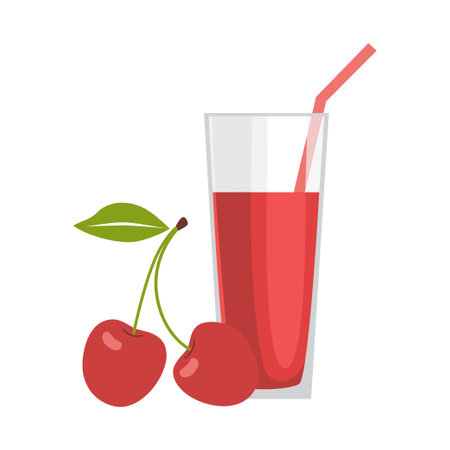 Refreshing drink of cherry juice in a glass and two cherries on a white background, summer vector illustration.のイラスト素材