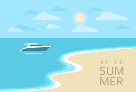 Hello summer, landscape background, panorama of the sea and beach and a sailing yacht. Vector illustration in flat style.のイラスト素材