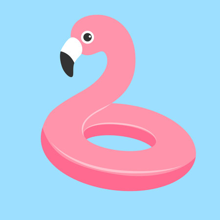 Pink inflatable flamingo in flat style on blue background. Vector illustration.のイラスト素材