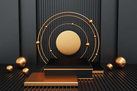 Black and gold podium on black background,geometry podium shape for display product, 3d rendering.