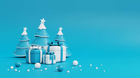 3d rendering of christmas tree and gift box on blue background.
