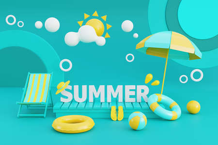 3d rendering of summer vacation concept with beach chair,umbrella and summer elements.3d rendering.