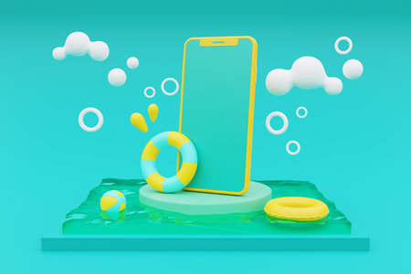3d rendering of summer vacation concept with smartphone and summer elements.3d rendering.の写真素材