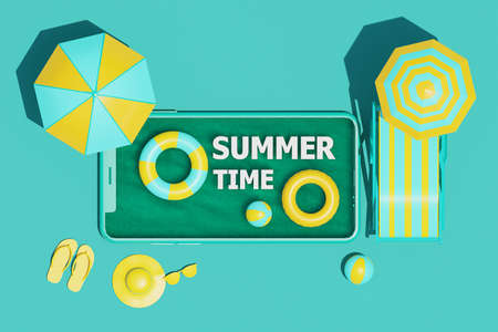 top view,summer time concept on a smartphone with summer elements.3d renderingの写真素材