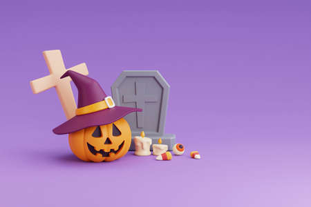 Happy Halloween concept ,Pumpkins character wearing witch hat,skull,bone.on purple background.3d rendering.の写真素材