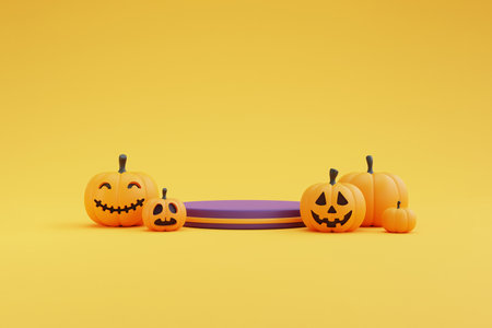 Happy Halloween concept ,Pumpkins character wearing witch hat,skull,bone.on purple background.3d rendering.の写真素材