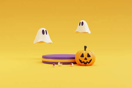 Happy Halloween concept ,Pumpkins character wearing witch hat,skull,bone.on purple background.3d rendering.の写真素材