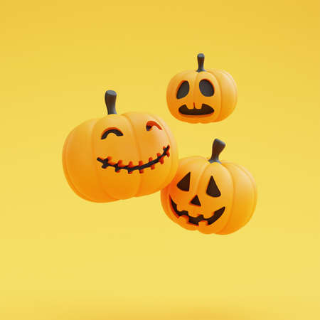 Happy Halloween concept ,Pumpkins character,gift box,candy,witch hat,bone,skull on purple  background.3d rendering.の写真素材