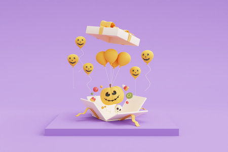 Happy Halloween concept ,Pumpkins character,gift box,candy,witch hat,bone,skull on purple  background.3d rendering.の写真素材