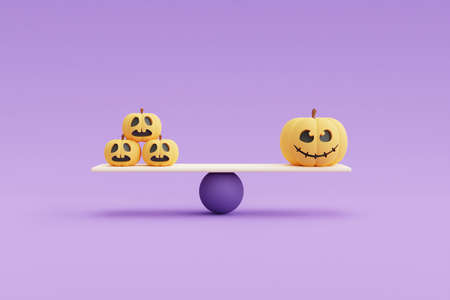 Happy Halloween concept ,Pumpkins character,gift box,candy,witch hat,bone,skull on purple ...