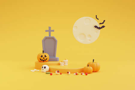 Happy Halloween concept ,Pumpkins character,gift box,candy,witch hat,bone,skull on purple  background.3d rendering.の写真素材