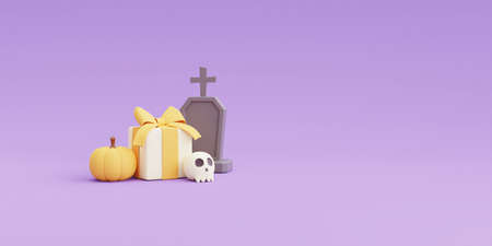 Happy Halloween concept ,Opened 3d gift box with Pumpkin characters and candy on purple background.3d rendering.の写真素材