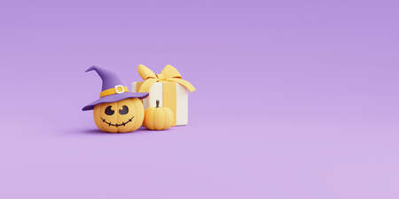 Happy Halloween concept ,Opened 3d gift box with Pumpkin characters and candy on purple...