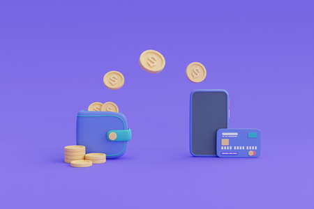Mobile banking transaction concept,Online money transfer payment,coins,wallet.3d render.