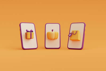 Shopping Bag and Halloween decorations on yellow background for celebration Halloween sale template.minimal concept.3d render.の写真素材