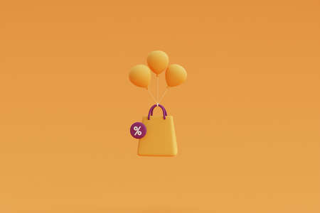 Shopping Bag and Halloween decorations on yellow background for celebration Halloween sale template.minimal concept.3d render.の写真素材