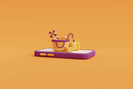 Halloween decorations with smartphone on yellow background for celebration Halloween sale template.minimal concept.3d render.の写真素材