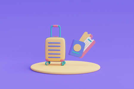 Yellow suitcase with passport and ticket,Tourism and travel concept,holiday vacation,Ready for travel,3d render.の写真素材