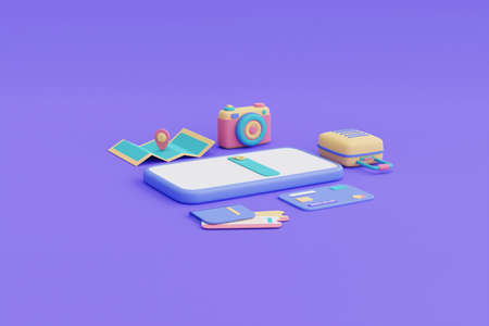 Online travel and tourism planning concept,Smartphone surrounded by traveler accessories,holiday vacation,3d render.の写真素材