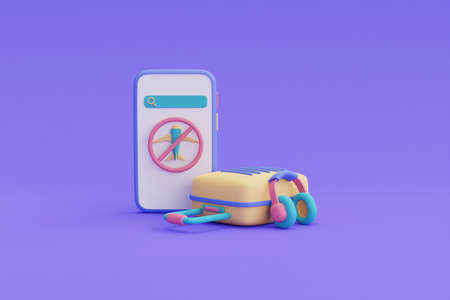 smartphone with suitcase and headphone ,Tourism and travel concept,holiday vacation,Ready for travel,3d render.の写真素材
