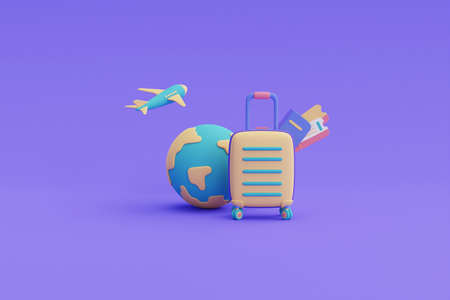 Tourism and travel concept,eath and airplane flying with suitcase,passport and ticket,holiday vacation,3d render.の写真素材