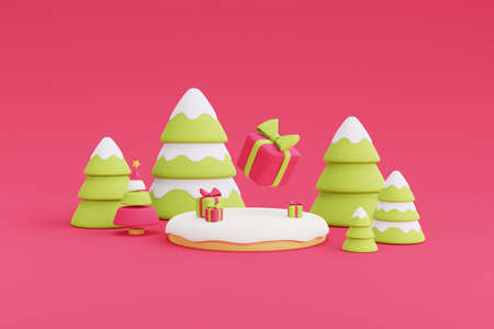 Merry christmas and happy new year,Gift box surrounded by pine tree ,minimal 3d design Xmas...