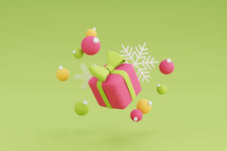 3d render of gift box with balls ,minimal 3d design christmas Decorations.3d render illustration.の写真素材