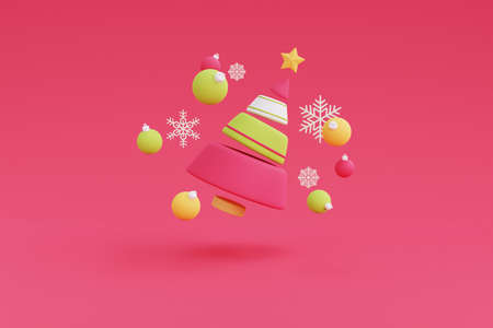 Christmas trees surrounded by Xmas Decorations with Snowflakes,minimal 3d design.3d render illustration.の写真素材