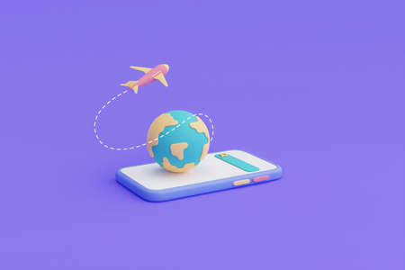 Airplane flying above earth globe with smartphone .Online travel,Tourism and travel concept,holiday vacation,3d render.の写真素材