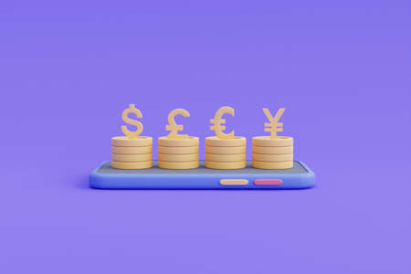 Online currency exchange and banking concept,Dollar,Euro,Pound,Yen currency symbols. 3d render illustration.の写真素材
