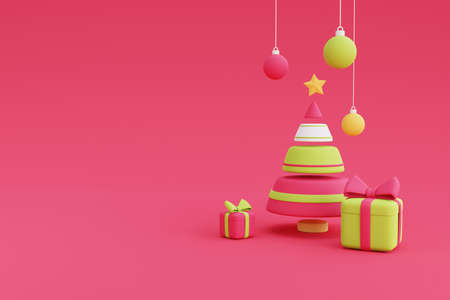 Snow on round podium surrounded by Christmas tree and gift boxes ,minimal 3d design Xmas...